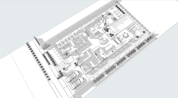 3D visualization of a modern house with a large plot. House with panoramic windows. luxury architect