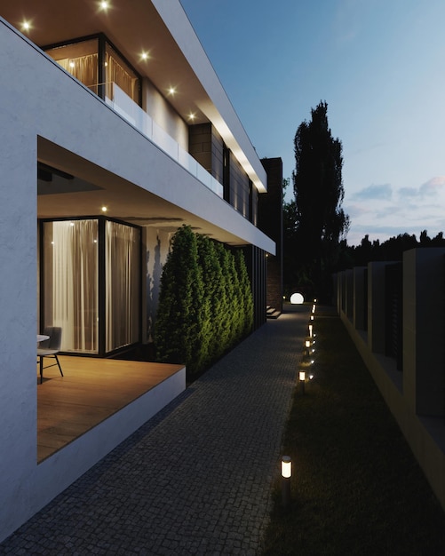 3д визуализация современного дома с террасой. Вечерняя подсветка фасада. архитектурный