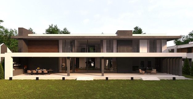 3D visualization of a modern house with a terrace and panoramic windows. Modern architecture.