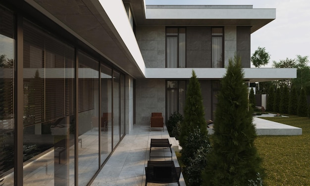 3D visualization of a modern house with a terrace and panoramic windows. Modern architecture.