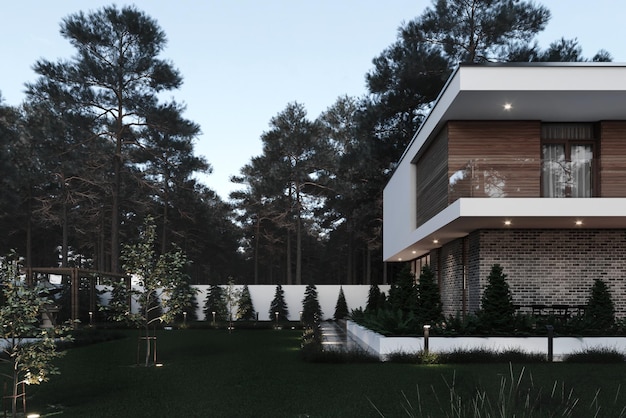 3D visualization of a modern villa with a large plot. A private house. Evening illumination.