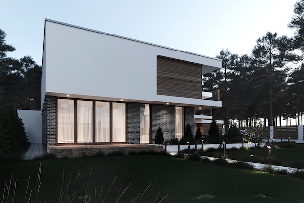 3D visualization of a modern villa with a large plot. A private house. Evening illumination.