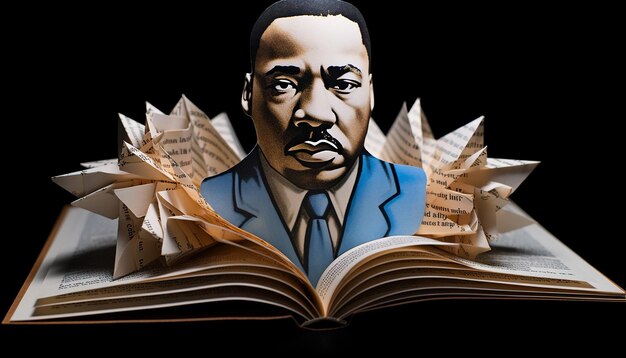 Foto una visualizzazione 3d di un libro aperto con l'immagine di mlk che emerge dalle pagine