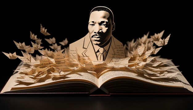 Photo a 3d visualization of an open book with mlk's image emerging from the pages