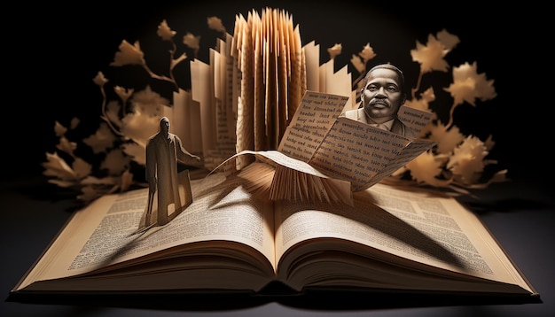 Photo a 3d visualization of an open book with mlk's image emerging from the pages