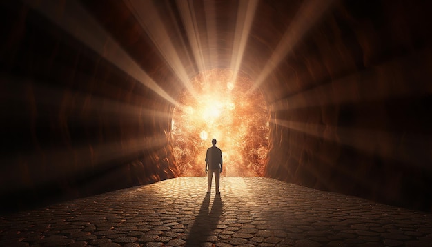 a 3D visualization of a person standing at the end of a tunnel with light streaming