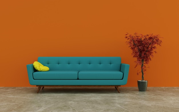 3d visualization of a sofa and indoor flower against an orange wall