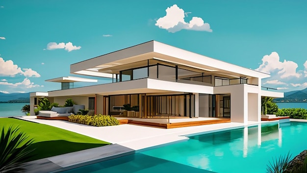 3d visualization of a stunning luxurious waterfront modern house architecture real estate property