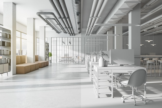 3D visualization of sunny modern open space office with sofa on concrete floor lattice glass walls and white 3D rendering rows of workspaces design project development 3D rendering