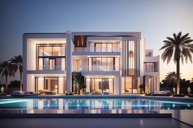 3d visualization of a villa in dubai modern architecture evening illumination of the facade