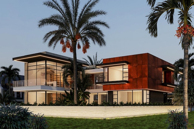 3D visualization of a villa in Dubai. Modern architecture. Evening illumination of the facade