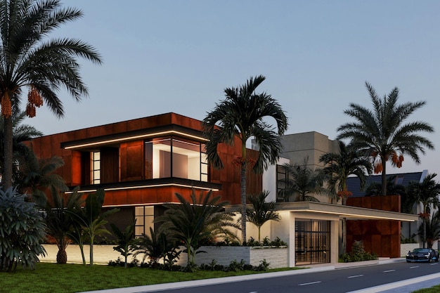 Photo 3d visualization of a villa in dubai. modern architecture. evening illumination of the facade