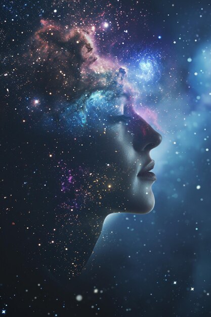 A 3D visualization of a womans silhouette formed by a cluster of stars and nebulae