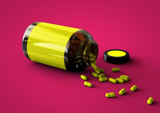 Photo 3d vitamins bottle isolated on red background suitable for your design element