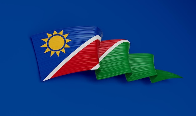 3D-vlag van Namibië land glanzend golvend 3d lint geïsoleerd op blauwe achtergrond 3d illustratie