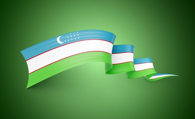 3d Vlag van Oezbekistan 3d Glinsterende zwaaiende vlag lint geïsoleerd op groene achtergrond 3d illustratie