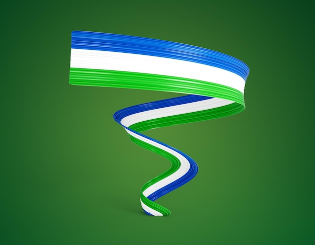3D-vlag van Sierra Leone 3D glanzende golvende vlag lint geïsoleerd op groene achtergrond 3D illustratie