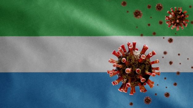 3D, vlag van Sierra Leone wappert met uitbraak van coronavirus die het ademhalingssysteem infecteert als gevaarlijke griep. Influenza-type Covid 19-virus met nationaal Salone-sjabloon blazen