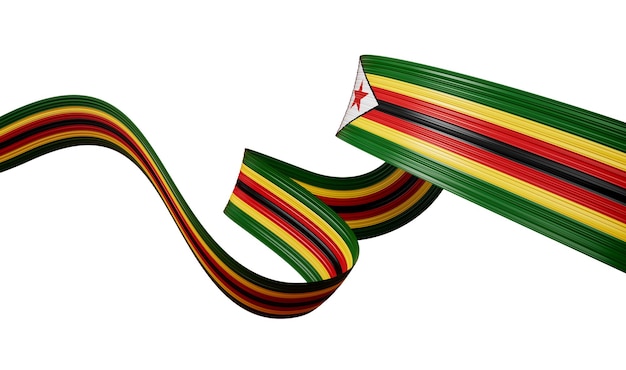 3D Vlag Van Zimbabwe Glanzend Zwaaien 3D Lint Vlag Met Ster Op Witte Achtergrond 3D Illustratie