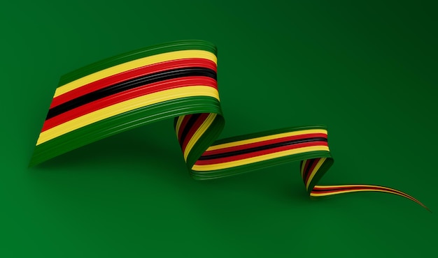 3D-vlag van Zimbabwe land 3d golvend glanzend lint vlag geïsoleerd op groene achtergrond 3d illustratie