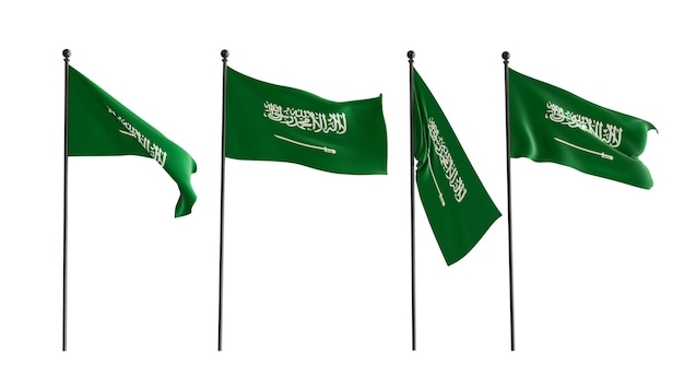 Foto 3d-vlaggen van saoedi-arabië van 4 soorten vlag van saudi-arabie witte achtergrond 3d-illustrator