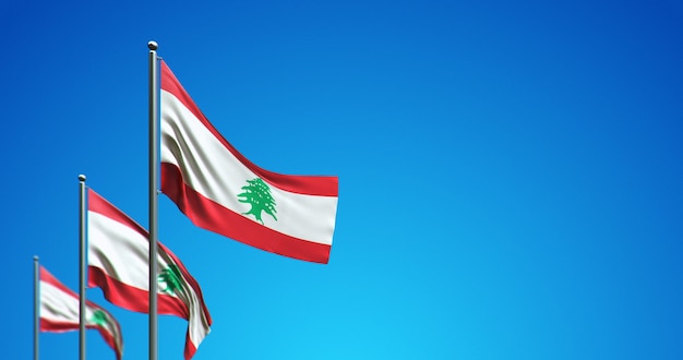 3D vlaggenmast die Libanon in de blauwe lucht vliegt