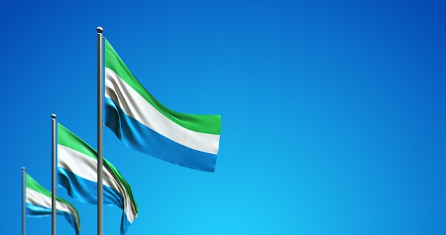 3D vlaggenmast die Sierra Leone in de blauwe lucht vliegt