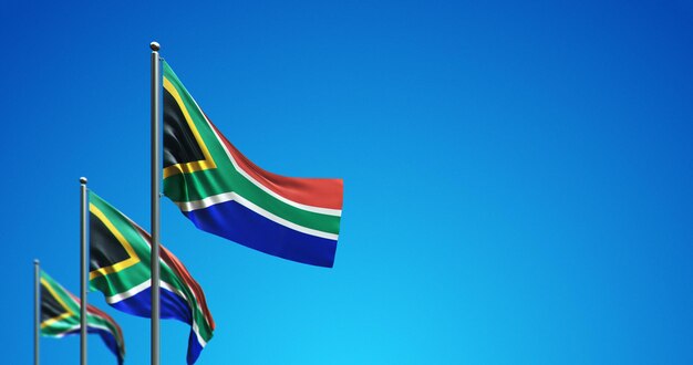 3D vlaggenmast die Zuid-Afrika in de blauwe lucht vliegt