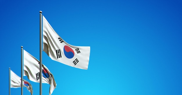 3D vlaggenmast die Zuid-Korea in de blauwe lucht vliegt