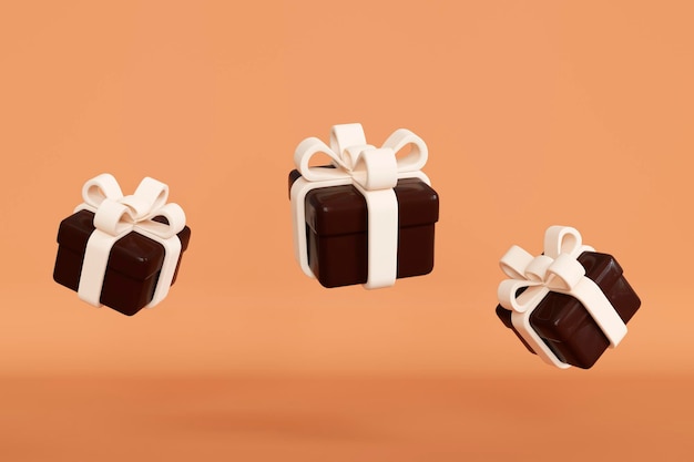 3d vliegende chocolade geschenkdozen en melk strik op karamel achtergrond Gelukkige verjaardag verjaardag advertenties