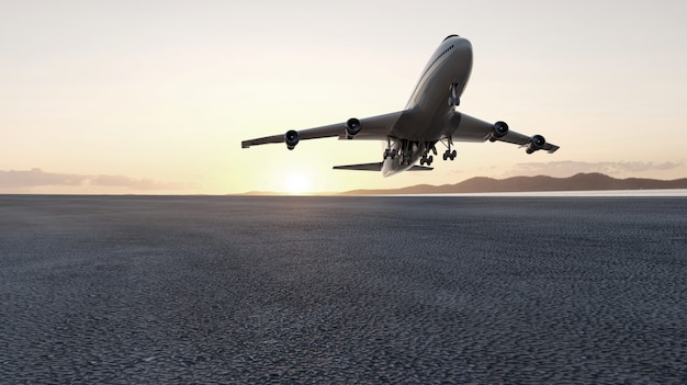 3D vliegtuig stijgt op bij zonsondergang, 3d geef concept voor reclame terug.