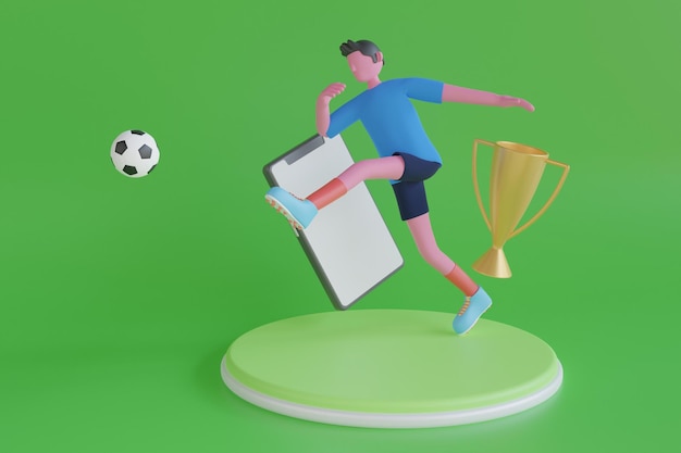 3D-voetballer trapt de bal op het voetbalveld. Voetballer trapt de bal op het voetbalveldD