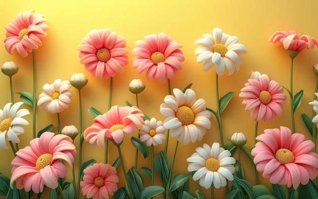 Foto 3d voorjaarsbloemen bloeien op een gele achtergrond
