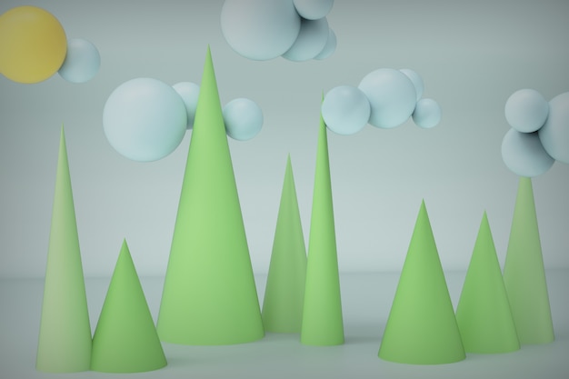 3D-vormen ballen en kegels als een natuurlijk landschap met wolken