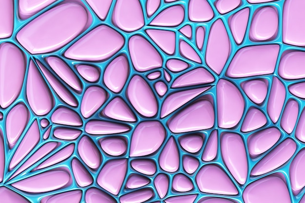 Rendering 3d effetto voronoi, frammenti astratti di rosa e blu, sfondo rotto. elementi di mosaico poligonale. oggetto geometrico diviso. design moderno e minimale