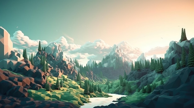 3Dボクセル山の風景イラスト背景デザイン遠近地形ビューパノラマ3Dボクセル山の風景AI生成