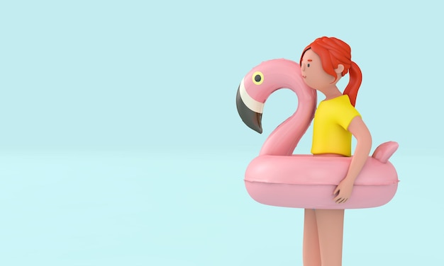 3D-vrouw karakter dragen van een roze opblaasbare flamingo pool float Zomer concept 3D-rendering