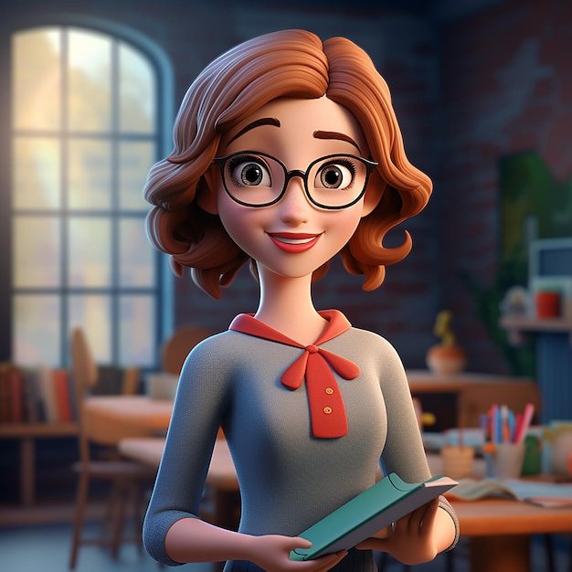 3D vrouwelijke leraar cartoon personage op wazige klas achtergrond