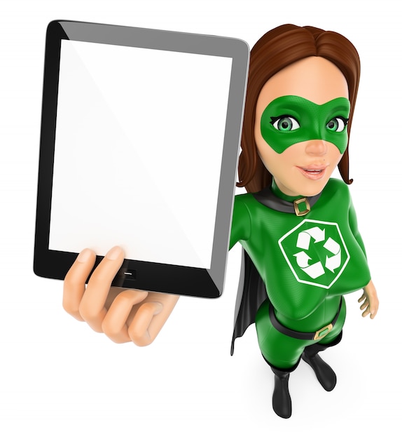 3D Vrouwensuperhero van recycling die een tablet met het lege scherm tonen