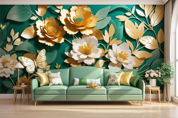 3d wallpaper abstract floral background with green flowers and golden butterfly mural for interior home