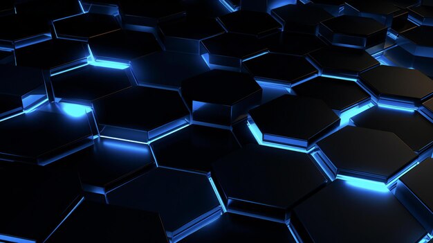 黒い背景の青い六角形の 3D 壁紙
