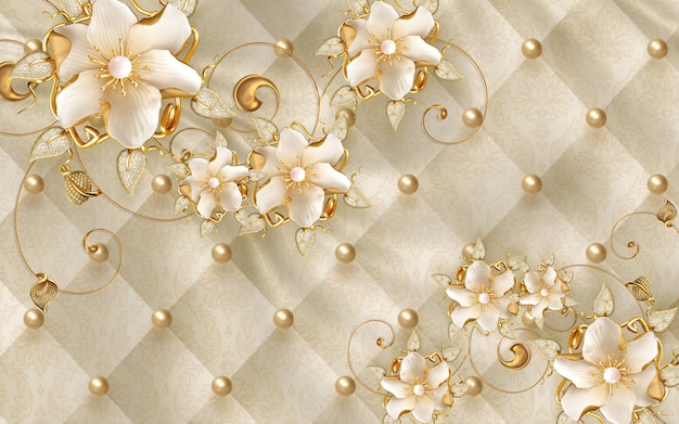 3d wallpaper classic interior space Decorative golden flowers Jewelery golden leather background