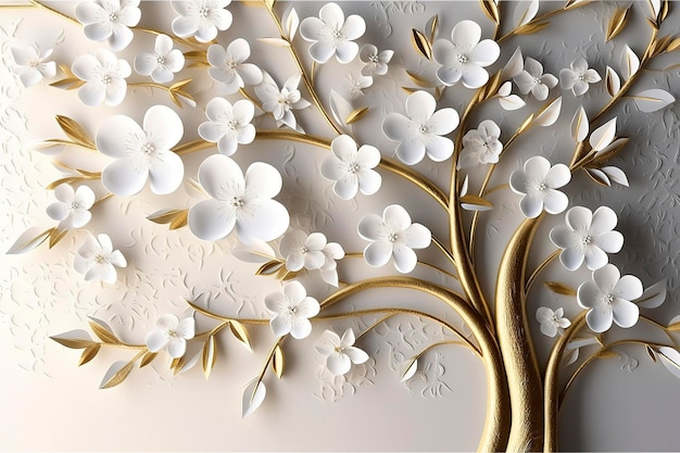 흰색 꽃 잎과 황금 줄기 내부 벽 홈 장식이 있는 3d 벽지 꽃 나무 배경은 ai를 생성합니다.
