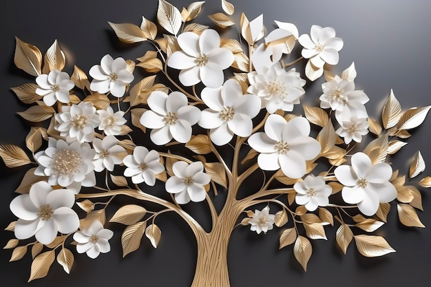 3d wallpaper floral tree background with white flower leaves and golden stem interior wall home decor generate ai