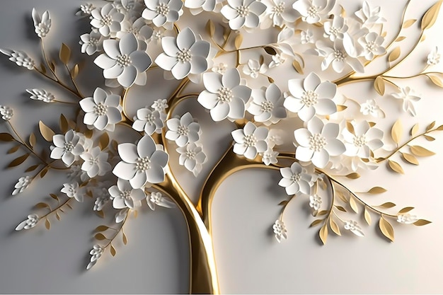 3D обои цветочный фон дерева с белыми листьями цветов и золотым стеблем внутренняя стена домашняя декорация генерирует ai