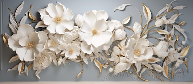 3D обои золотые и белые цветы на белом мраморном фоне в стиле органических скульптур