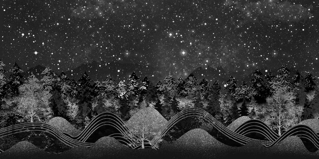 3d wallpaper night landscape with dark mountains trees dark\
black background with stars and moon