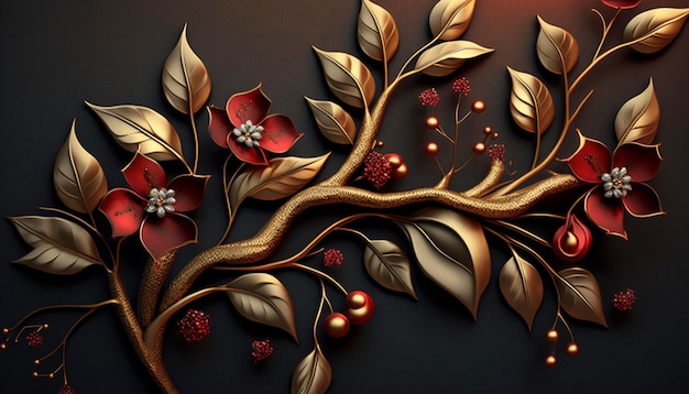 3d обои красные ювелирные цветы с золотыми ветвями на кожаном фоне с использованием Generative Ai