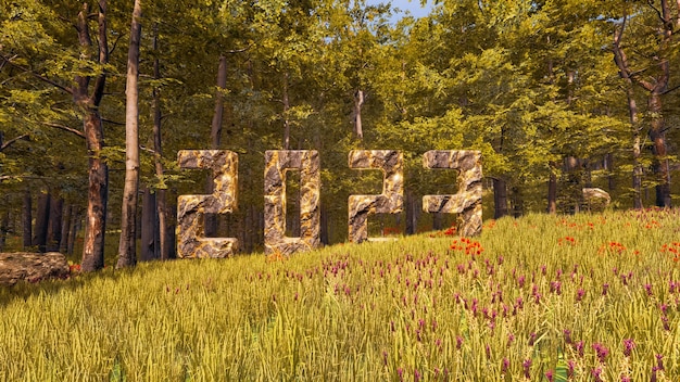 3d wallpaper with forest environment with 2023 written in rock\
and gold vein trees and vegetation