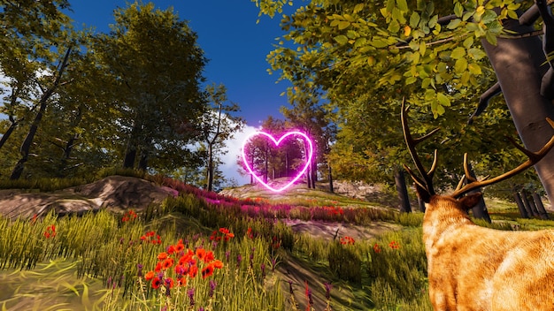 3d wallpaper with forest environment with pink heart trees and\
vegetation
